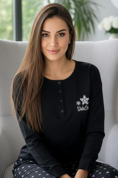 Siyah Winter Dream Desenli Uzun Kollu Bambu Örme Kadın Pijama Takımı 