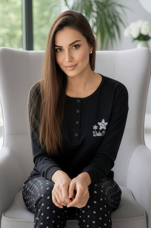 Siyah Winter Dream Desenli Uzun Kollu Bambu Örme Kadın Pijama Takımı - Pijamaevi (3)