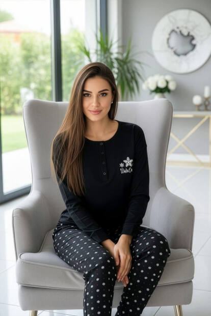 Siyah Winter Dream Desenli Uzun Kollu Bambu Örme Kadın Pijama Takımı - 5