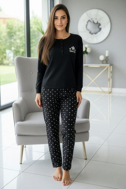 Siyah Winter Dream Desenli Uzun Kollu Bambu Örme Kadın Pijama Takımı - 6