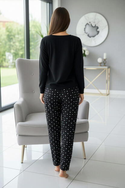 Siyah Winter Dream Desenli Uzun Kollu Bambu Örme Kadın Pijama Takımı - 7