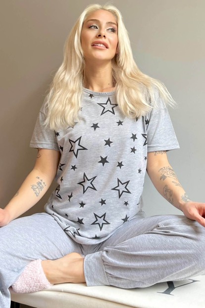 Siyah Yıldız Baskılı Kısa Kollu Kadın Pijama Takımı - 1