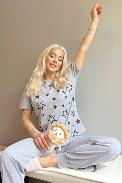 Siyah Yıldız Baskılı Kısa Kollu Kadın Pijama Takımı - 2