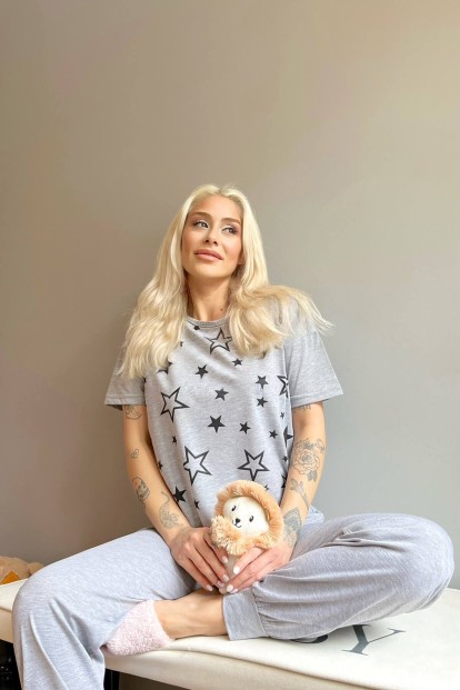 Siyah Yıldız Baskılı Kısa Kollu Kadın Pijama Takımı - 3