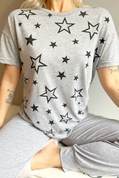 Siyah Yıldız Baskılı Kısa Kollu Kadın Pijama Takımı - 4