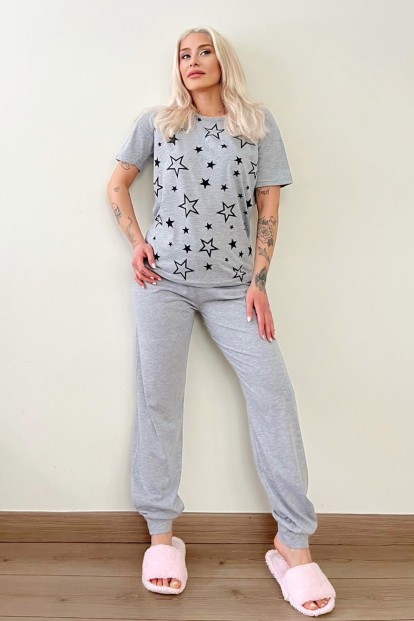 Siyah Yıldız Baskılı Kısa Kollu Kadın Pijama Takımı - 5