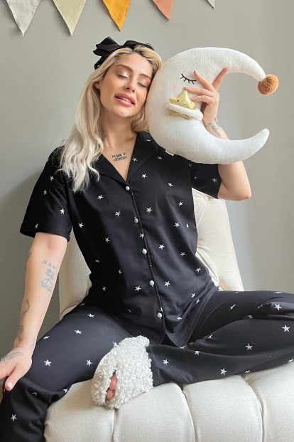 Siyah Yıldız Desenli Pamuk Önden Düğmeli Kadın Pijama Takımı - 1