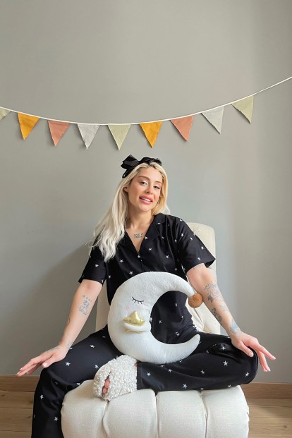 Siyah Yıldız Desenli Pamuk Önden Düğmeli Kadın Pijama Takımı - 2