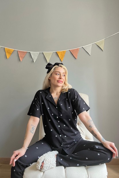 Siyah Yıldız Desenli Pamuk Önden Düğmeli Kadın Pijama Takımı - 3