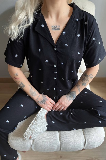 Siyah Yıldız Desenli Pamuk Önden Düğmeli Kadın Pijama Takımı - 4