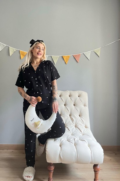Siyah Yıldız Desenli Pamuk Önden Düğmeli Kadın Pijama Takımı - 5