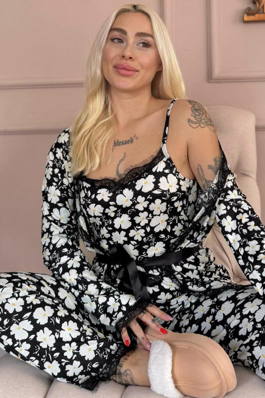 Siyah Yonca Desenli Sabahlıklı Pegasus Pijama Takımı - Pijamaevi