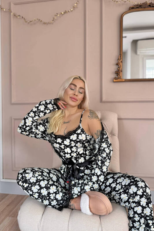 Siyah Yonca Desenli Sabahlıklı Pegasus Pijama Takımı - Pijamaevi (2)