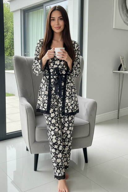 Siyah Yonca Desenli Sabahlıklı Pegasus Pijama Takımı - 5