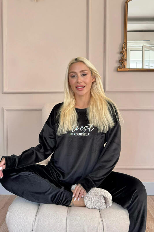 Siyah Yourself Desenli Exclusive Kadife Kadın Pijama Takımı  - Pijamaevi (3)