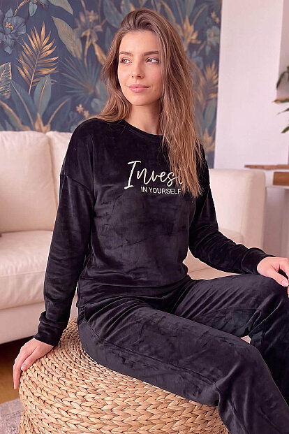 Siyah Yourself Desenli Exclusive Kadife Kadın Pijama Takımı  - 1