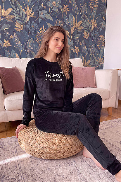 Siyah Yourself Desenli Exclusive Kadife Kadın Pijama Takımı  - 2