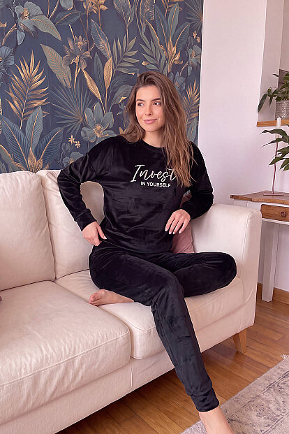 Siyah Yourself Desenli Exclusive Kadife Kadın Pijama Takımı  - 3