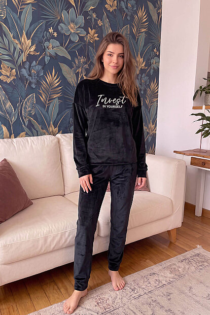 Siyah Yourself Desenli Exclusive Kadife Kadın Pijama Takımı  - 6