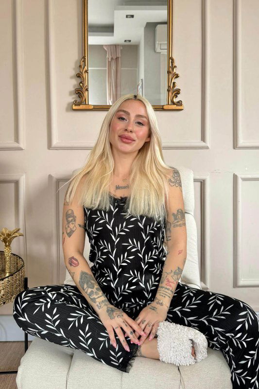 Siyah Zeytin Dalı Dantelli İp Askılı Örme Kadın Pijama Takımı - Pijamaevi (2)