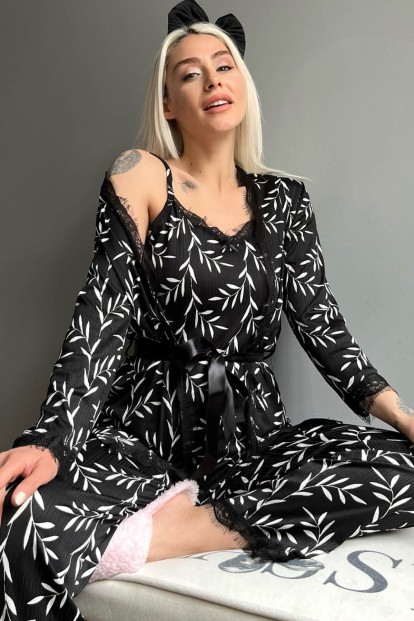 Siyah Zeytin Dalı Desenli Sabahlıklı Pegasus Pijama Takımı - 1