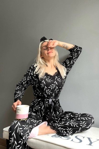 Siyah Zeytin Dalı Desenli Sabahlıklı Pegasus Pijama Takımı - 2