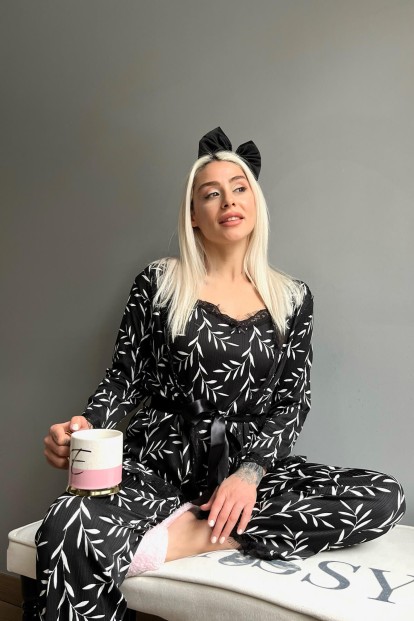 Siyah Zeytin Dalı Desenli Sabahlıklı Pegasus Pijama Takımı - 3