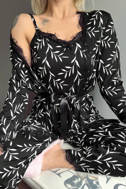 Siyah Zeytin Dalı Desenli Sabahlıklı Pegasus Pijama Takımı - 4