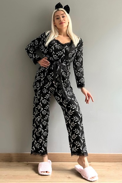 Siyah Zeytin Dalı Desenli Sabahlıklı Pegasus Pijama Takımı - 5