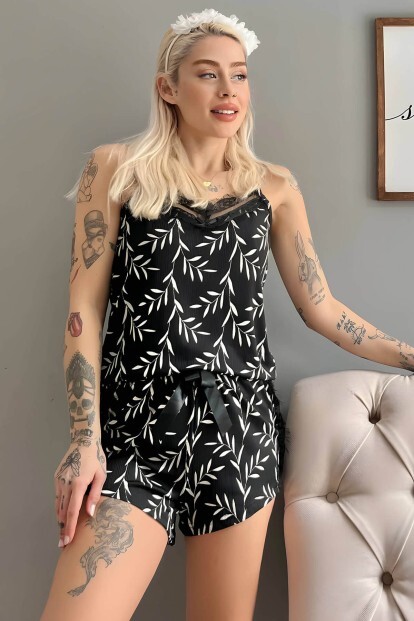 Siyah Zeytin Dalı Pegasus Dantel Detaylı İp Askı Şortlu Örme Pijama Takımı - Pijamaevi (1)