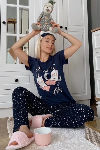 Sky Cloud Baskılı Kısa Kol Kadın Pijama Takımı - 1