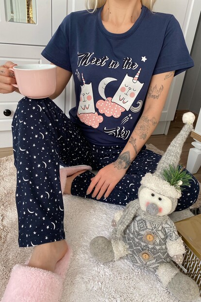 Sky Cloud Baskılı Kısa Kol Kadın Pijama Takımı - 3