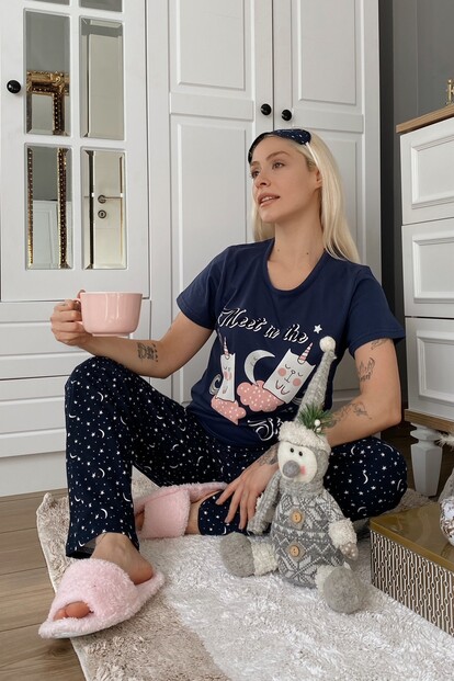 Sky Cloud Baskılı Kısa Kol Kadın Pijama Takımı - 4