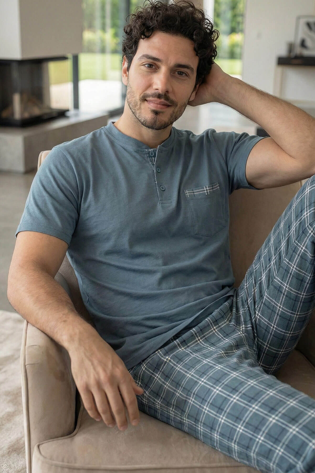 Slate Plaid Kısa Kollu Cep Detaylı Elegant Erkek Pijama Takımı - Pijamaevi