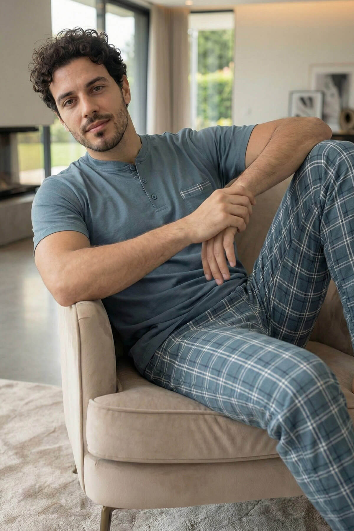 Slate Plaid Kısa Kollu Cep Detaylı Elegant Erkek Pijama Takımı - Pijamaevi (1)