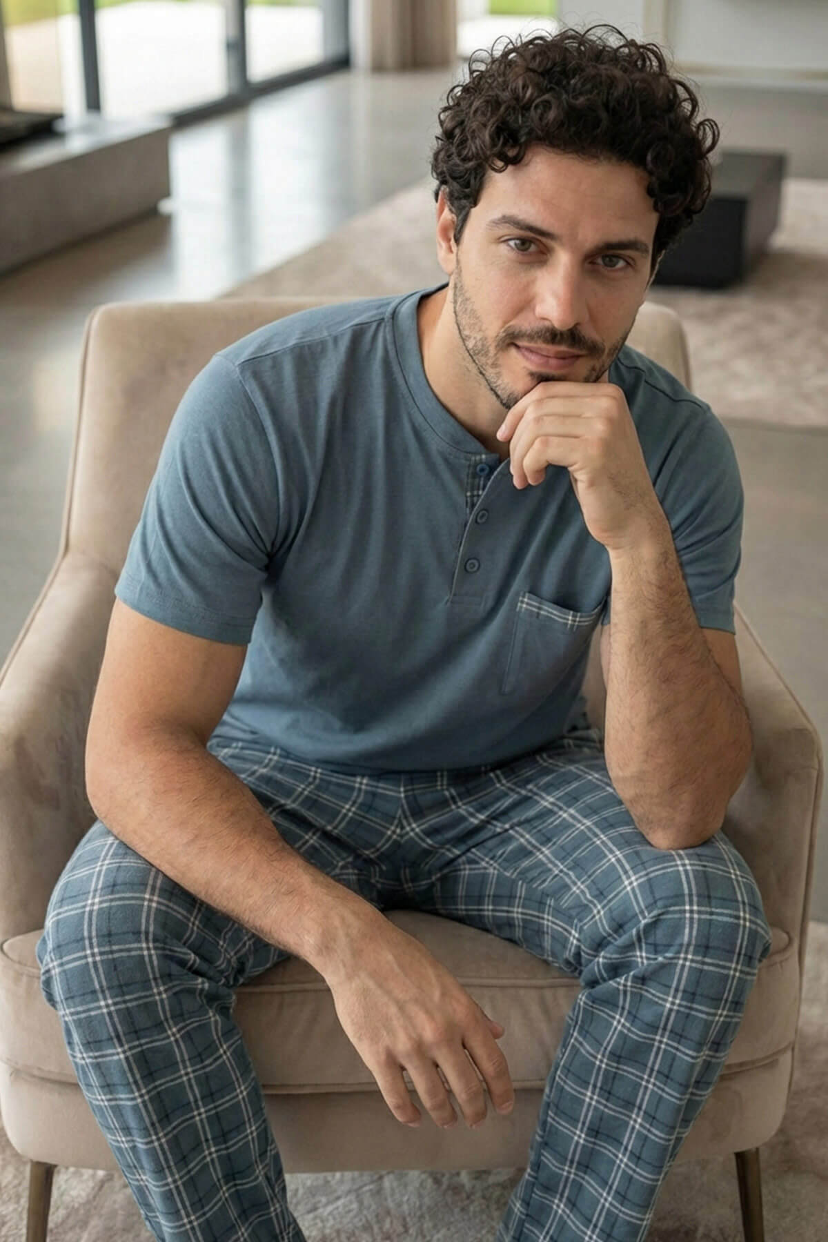 Slate Plaid Kısa Kollu Cep Detaylı Elegant Erkek Pijama Takımı - Pijamaevi (2)