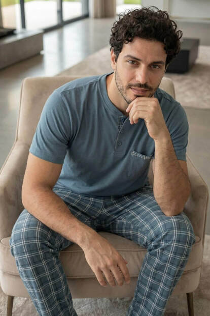 Slate Plaid Kısa Kollu Cep Detaylı Elegant Erkek Pijama Takımı - 3
