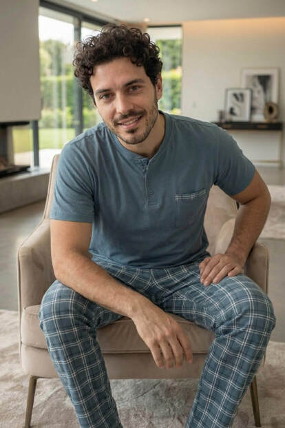 Slate Plaid Kısa Kollu Cep Detaylı Elegant Erkek Pijama Takımı - 4