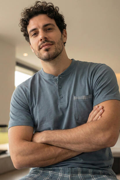 Slate Plaid Kısa Kollu Cep Detaylı Elegant Erkek Pijama Takımı - 6