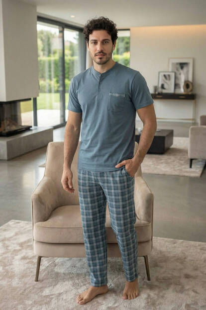 Slate Plaid Kısa Kollu Cep Detaylı Elegant Erkek Pijama Takımı - 7