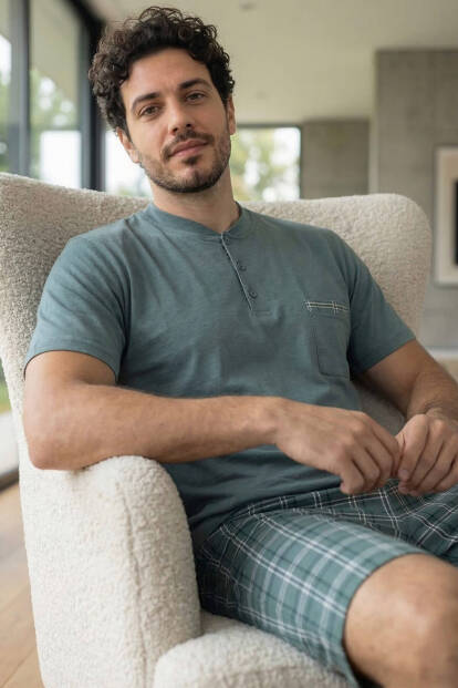 Slate Plaid Şortlu Pat Detaylı Elegant Erkek Pijama Takımı 