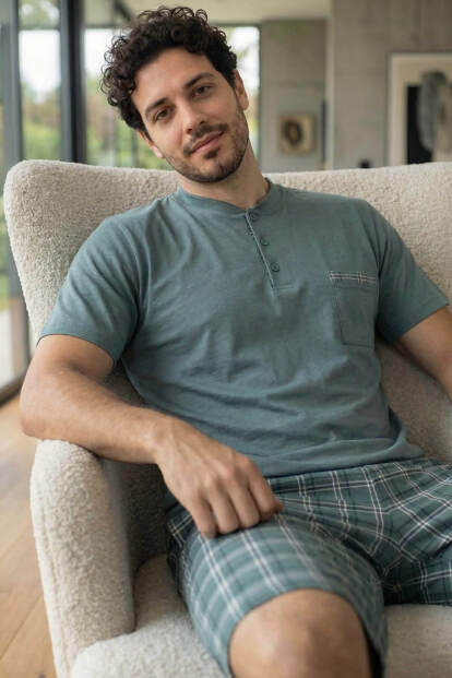 Slate Plaid Şortlu Pat Detaylı Elegant Erkek Pijama Takımı - 2