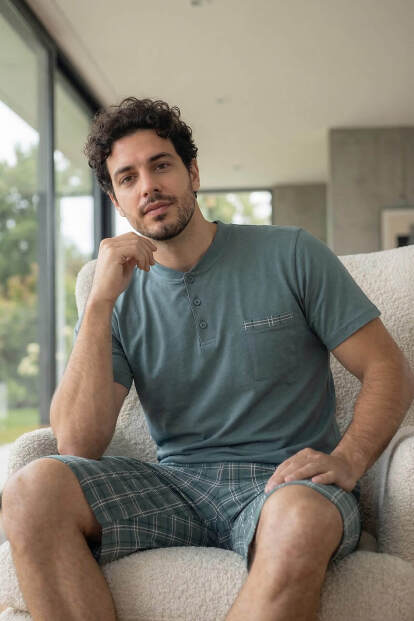 Slate Plaid Şortlu Pat Detaylı Elegant Erkek Pijama Takımı - 3