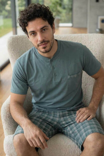 Slate Plaid Şortlu Pat Detaylı Elegant Erkek Pijama Takımı - 4