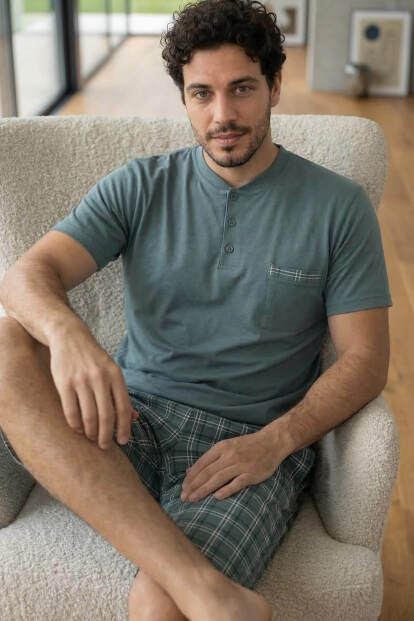 Slate Plaid Şortlu Pat Detaylı Elegant Erkek Pijama Takımı - 5