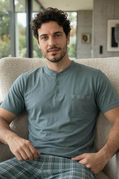 Slate Plaid Şortlu Pat Detaylı Elegant Erkek Pijama Takımı - 6