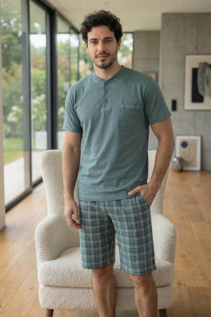 Slate Plaid Şortlu Pat Detaylı Elegant Erkek Pijama Takımı - 7