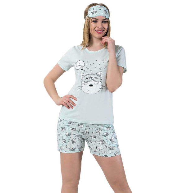 Sleepy Cat Desenli Şortlu Bayan Pijama Takımı - 1