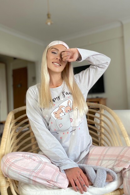 Sleepy Family Baskılı Uzun Kol Kadın Pijama Takımı - 2