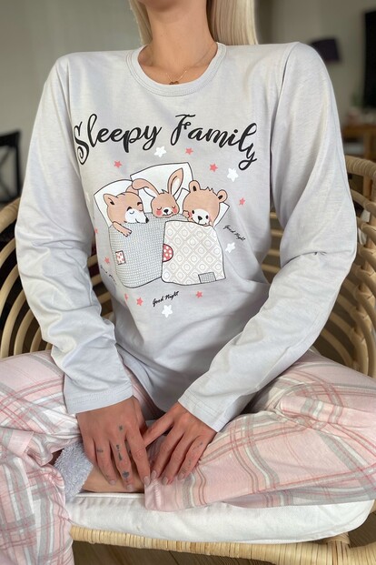 Sleepy Family Baskılı Uzun Kol Kadın Pijama Takımı - 3